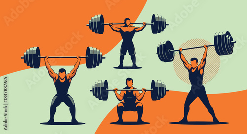 A set of stylized illustrations showing strong male weightlifters in various lifting poses such as the squat and overhead press.