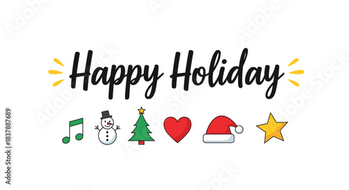 A festive Happy Holiday greeting card with clean black calligraphy and a row of cute colorful Christmas icons lined up underneath.