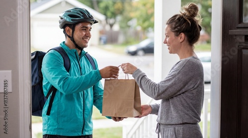 A friendly male courier in a helmet delivers a takeout food bag to a woman at the front door of her residential home.