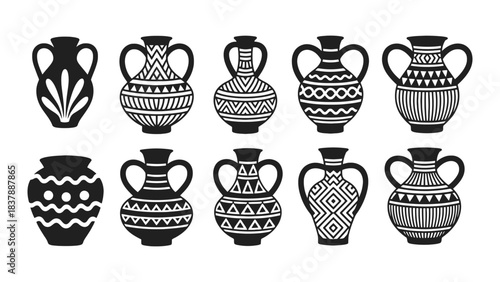 Black and white vector art of decorative ancient greek vases