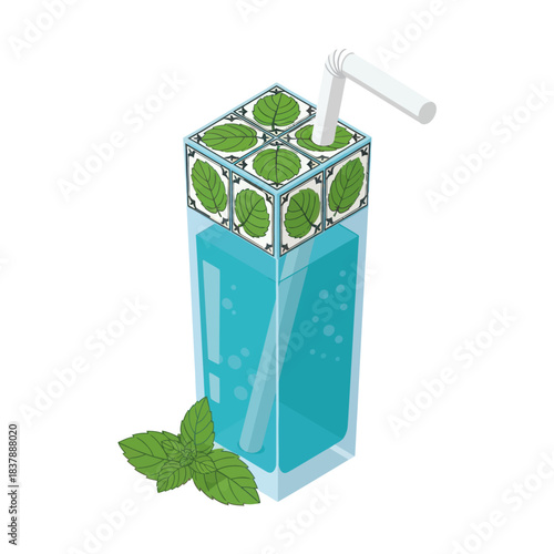Refreshing Blue Drink in a Carton with Mint Leaves and Straw.
