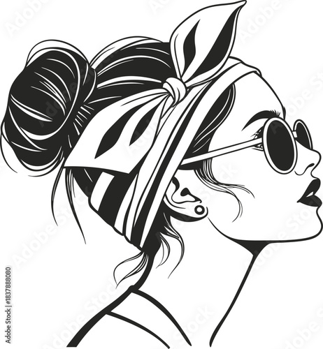 Stylish woman wearing sunglasses and headscarf in profile