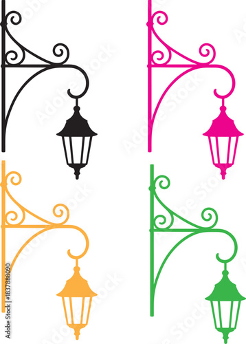 Colorful decorative outdoor wall lanterns with ornate brackets