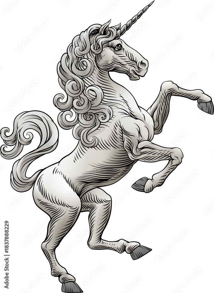 Fototapeta premium A heraldry coat of arms crest style rearing heraldic Unicorn standing on hind legs in a vintage style