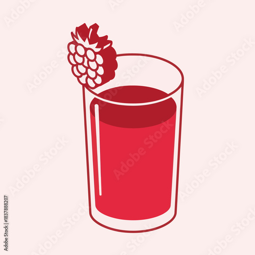 A tall glass filled with a vibrant red raspberry drink garnished with a fresh raspberry.