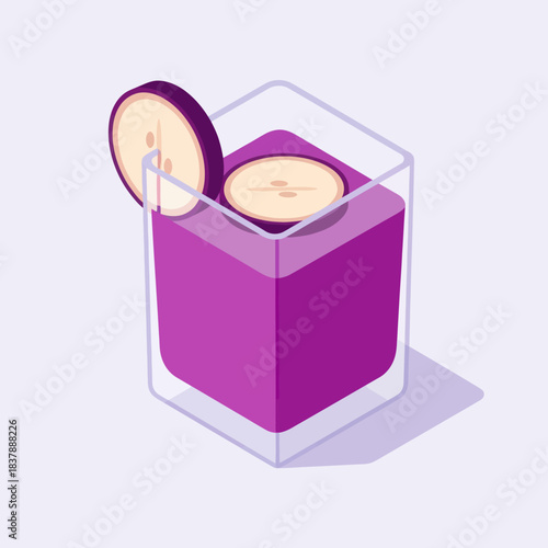 Isometric view of a vibrant purple drink in a square glass, garnished with two round fruit slices, casting a subtle shadow.