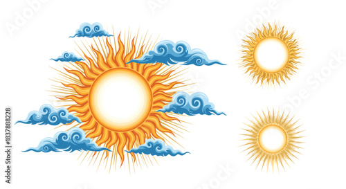 A set of vintage-style sun illustrations with ornate rays and surrounding blue clouds in a classic engraving or woodcut art style.