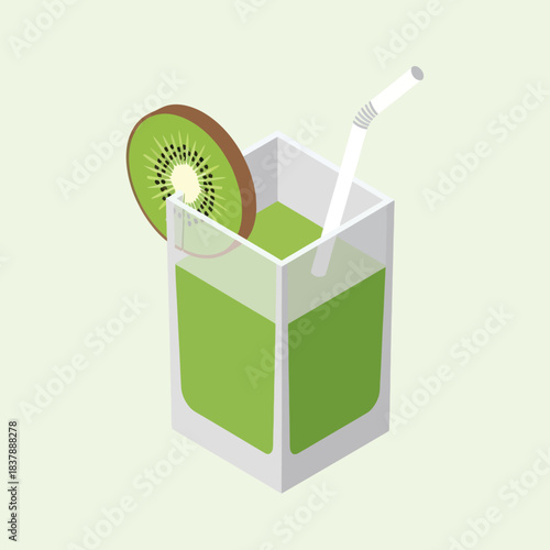 Isometric Kiwi Juice Box with Straw and Fruit Slice.