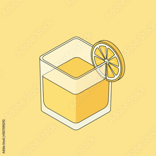 Isometric Glass of Yellow Drink with Lemon Slice.