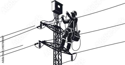 Utility worker on power pole, electrical maintenance, safety gear, high voltage lines, infrastructure repair, energy technician, outdoor job, black and white vector illustration