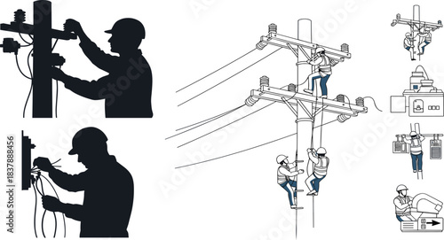 Vector illustration of utility workers on poles, linemen climbing and repairing power lines, cable installation, safety gear, teamwork, electrical maintenance