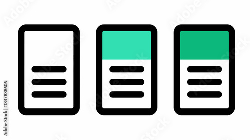 Three linear progress bar icons illustrating upload, download, or loading status of a document or data file with content indication.