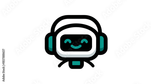Cute smiling robot head with headphones icon. AI chatbot, virtual assistant, customer support, or tech mascot design.