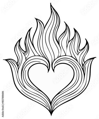Stylized burning heart illustration in black and white. Decorative fiery love symbol with abstract flames