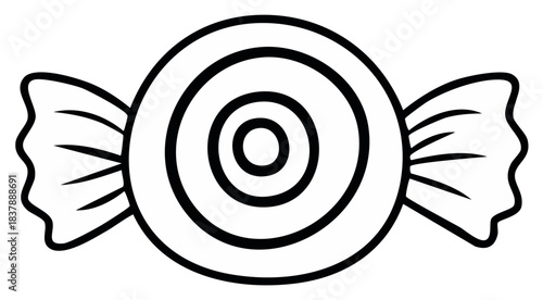 Wrapped Candy Outline Illustration - Round Hard Candy, Sweet Treat, Black and White Line Art