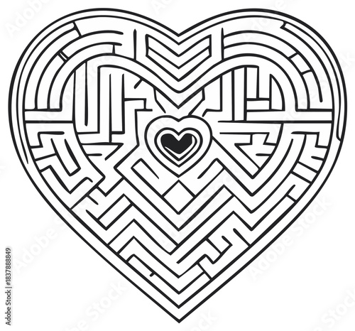 Intricate heart shaped maze puzzle, a complex labyrinth symbolizing the path to love and relationships
