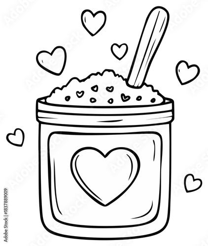 Hand drawn jar of cosmetic scrub with a heart symbol and spoon, Valentine's Day coloring page illustration