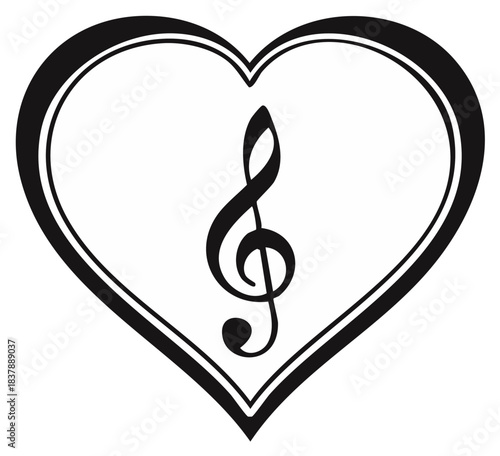 Treble Clef Symbol Inside Double Lined Heart Shape Graphic