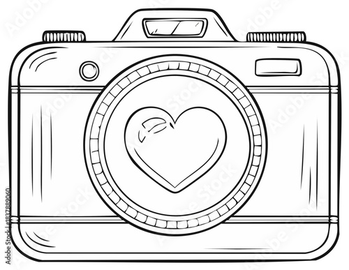 Line art drawing of a camera with heart inside. Simple, classic. Photography concept for love.