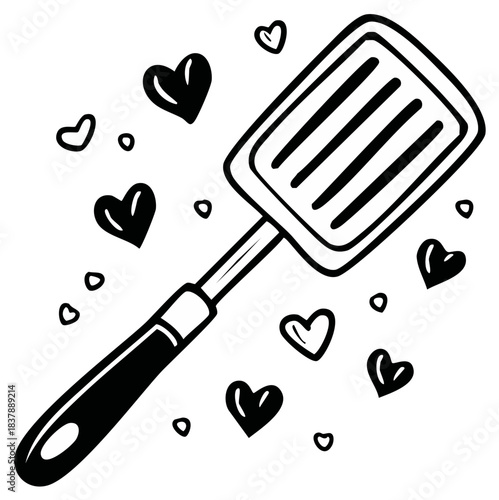 Hand-drawn kitchen spatula with love hearts, I love cooking concept illustration