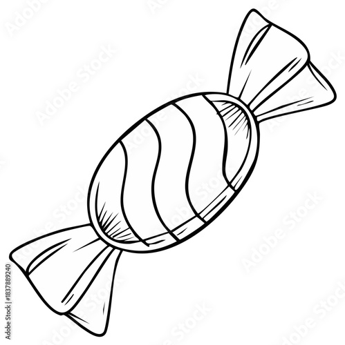 Hand drawn sweet candy in a striped wrapper black and white coloring page illustration