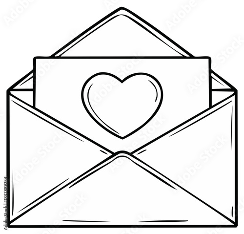 Love letter in an open envelope with a heart card black and white line art