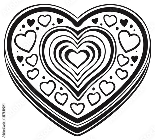 Elegant line art heart motif with multiple nested hearts and decorative elements love Valentine