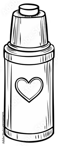 Black and White Illustration of a Thermos Bottle with a Heart Symbol