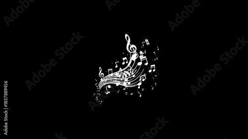 Dynamic white musical notes and treble clef flowing on a black background, representing sound, melody, and harmony
