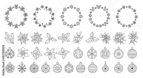 Collection of Christmas and winter holiday design elements in a pixelated line art style including wreaths and ornaments.