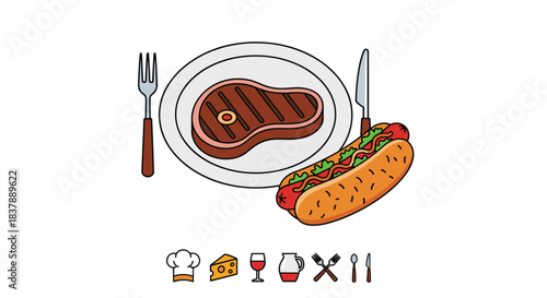 Illustration of a grilled steak on a plate and a hot dog with various food and drink icons for a restaurant or barbecue menu.