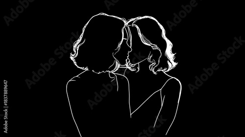 Minimalist black and white line art illustration of two women's silhouettes facing each other, depicting intimacy and connection.