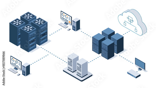 A detailed isometric illustration depicting a modern enterprise network where server racks, workstations, and storage units connect to a cloud system via digital data links