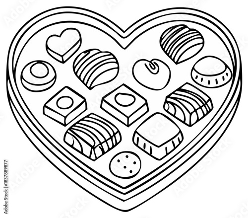 A heart shaped box of assorted chocolates coloring page line art illustration