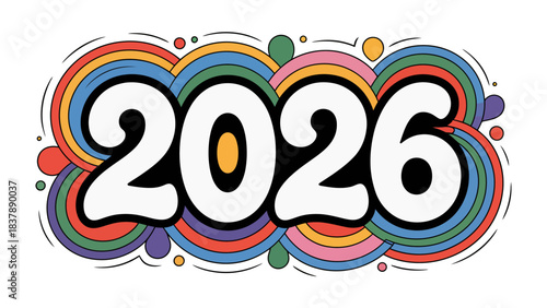 Vibrant Vision of 2026: A colorful display of the year 2026, featuring playful and eye-catching rainbow-inspired swirls and shapes, promising a future full of possibilities.