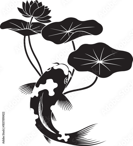 Black and white illustration of a koi fish swimming among lotus flowers and lily pads