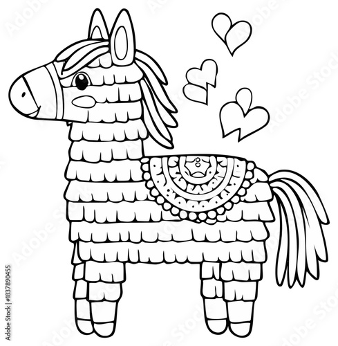 Black and white cartoon of a pinata horse with hearts, perfect for coloring.