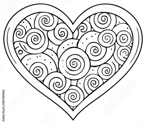 Hand drawn doodle heart with intricate swirl and spiral patterns for coloring page