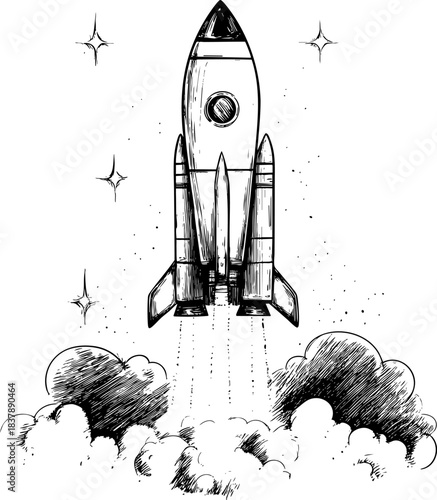 Vintage-style rocket launching into space with clouds below.