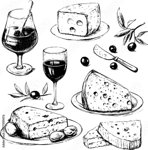 Artistic illustration featuring wine cheese and olives arranged stylishly.