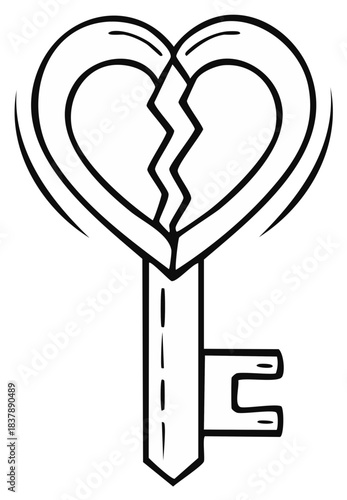 A cartoon key with a broken heart top symbolizing heartbreak divorce and lost love