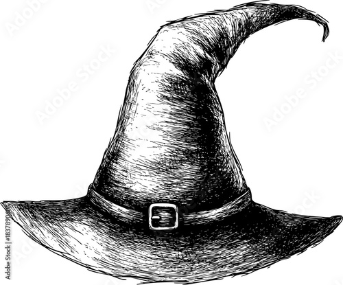 Classic witch hat with pointed top and wide brim design.