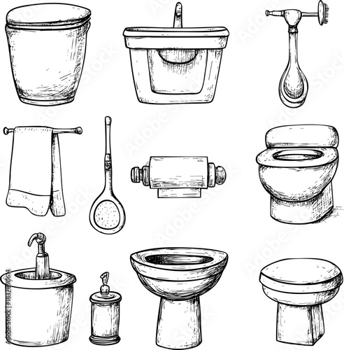 Collection of hand-drawn bathroom fixtures and accessories in sketch style.