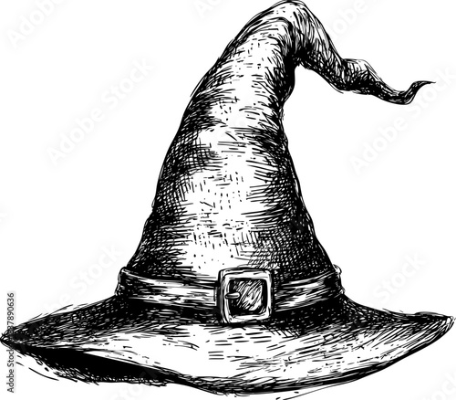 Classic pointed witch hat with a wide brim and buckle.