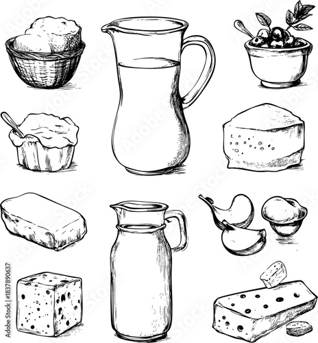 Collection of hand-drawn dairy products and ingredients on a light background.
