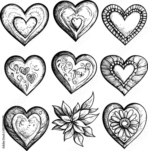 Collection of hand-drawn hearts with intricate designs.