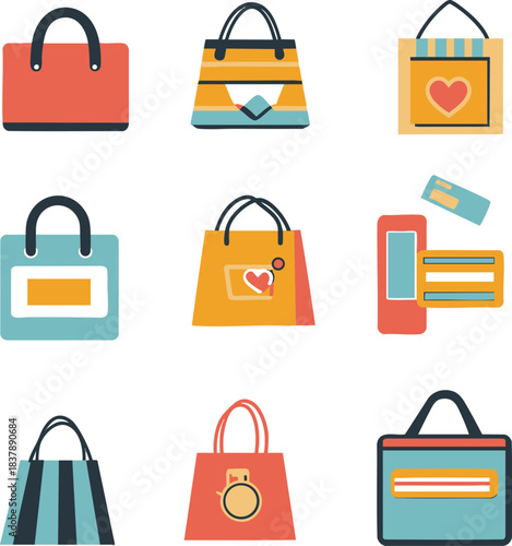 Colorful collection of stylish shopping bags and tote designs.
