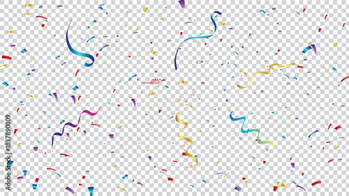 Colorful confetti and streamers falling, celebration party event background with transparent background