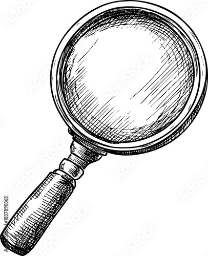 Hand-drawn sketch of a magnifying glass on a white background.