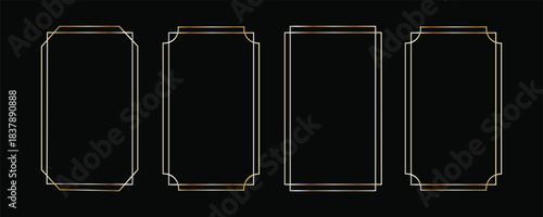 Thin metallic rectangle frame set. Shiny gold foil border collection. Golden glowing geometric boarder bundle in art deco style. Rectangular element pack for photo, cadre, card, emblem, label. Vector